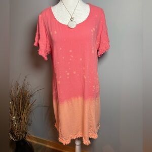 Umgee Coral Ombre Linen Blend Swing Dress L Ruffle Sleeve Boho Beachy